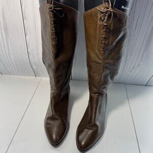 Vintage Nine West Leather Millicent Brown Front Tie Slouchy Flat Boots Size 10